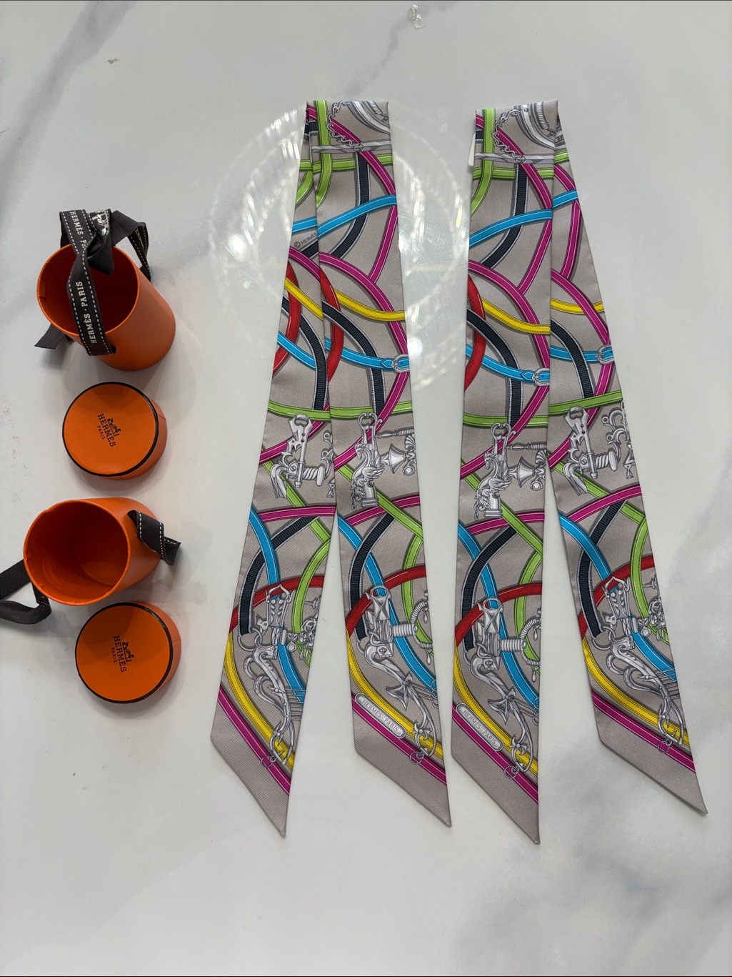 Hermes Multicolor Silk Twilly Scarf With Pink Blue Green Yellow Accents